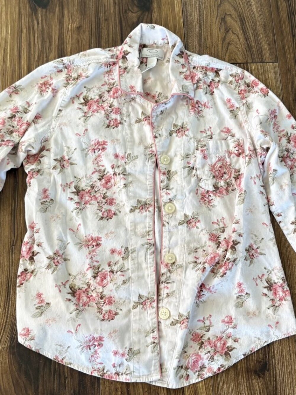 OSCAR DE LA RENTA Floral Pajama Top Sleep Shirt Embroidered Pink Rose Medium M